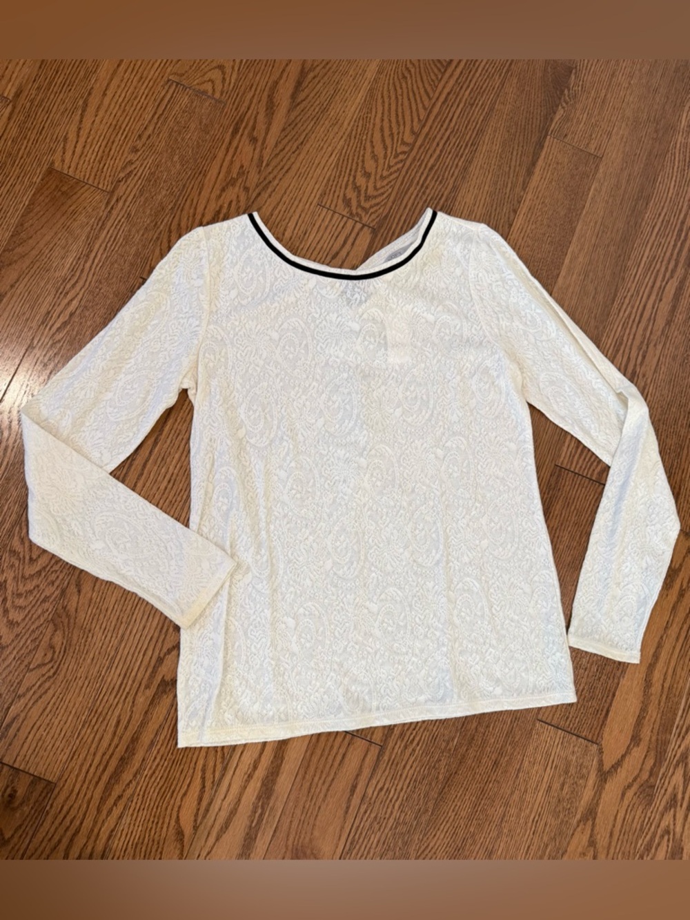 LOFT Off White Lace Long-Sleeve with Black Velour Ribbon Neck, Size Medium